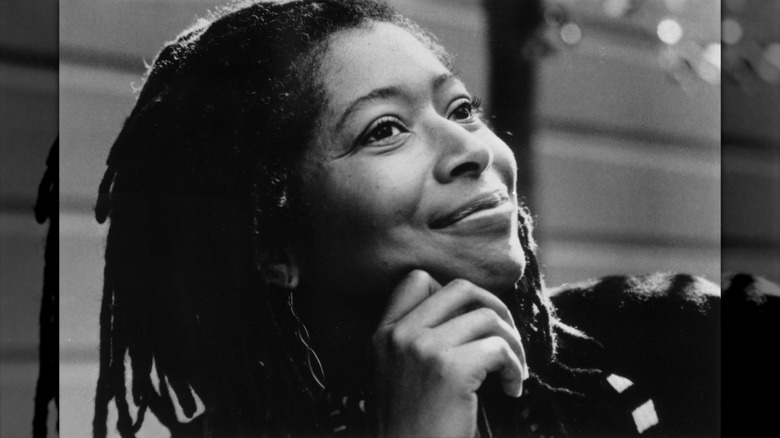 Alice Walker smiling in black and white