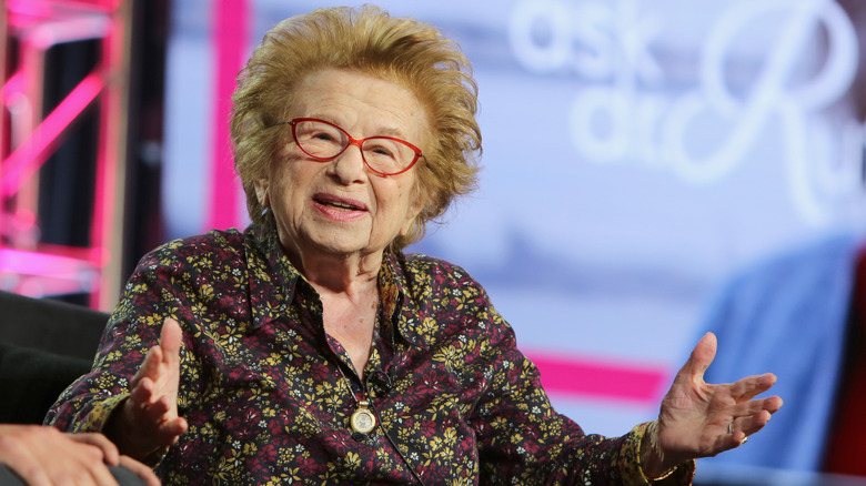 Dr. Ruth Westheimer talking and waving her hands