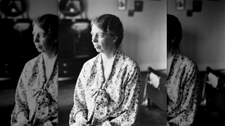 black and white photo of Eleanor Roosevelt looking into the distance