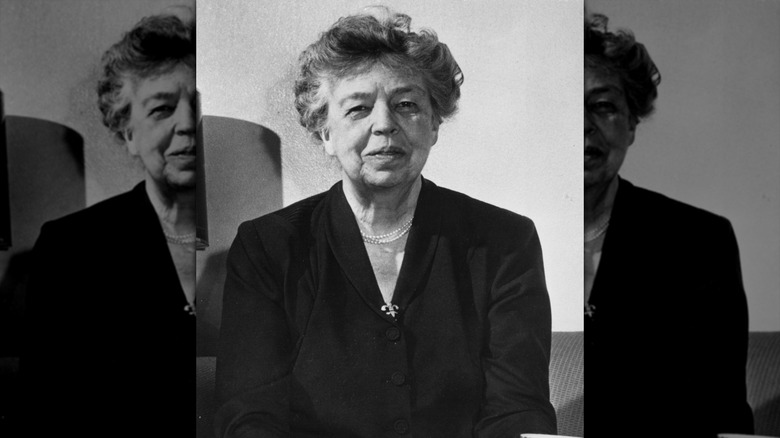black and white photo of Eleanor Roosevelt smiling