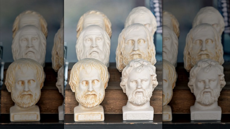 Busts of Aristotle, Epictetus, and other Greek philosophers