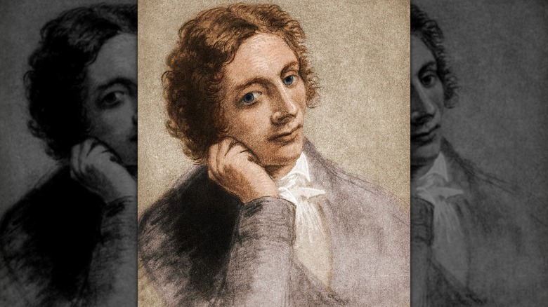 A drawing of John Keats resting his cheek on his hand