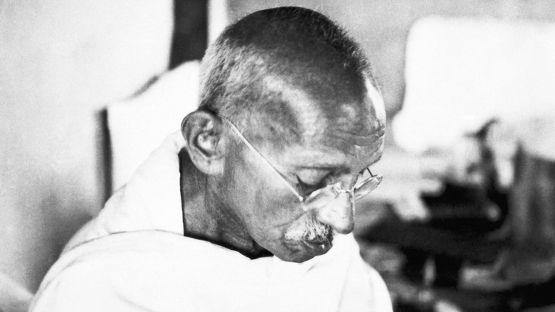 Mahatma Gandhi photographed in his hut at Sevagram Ashram in 1944