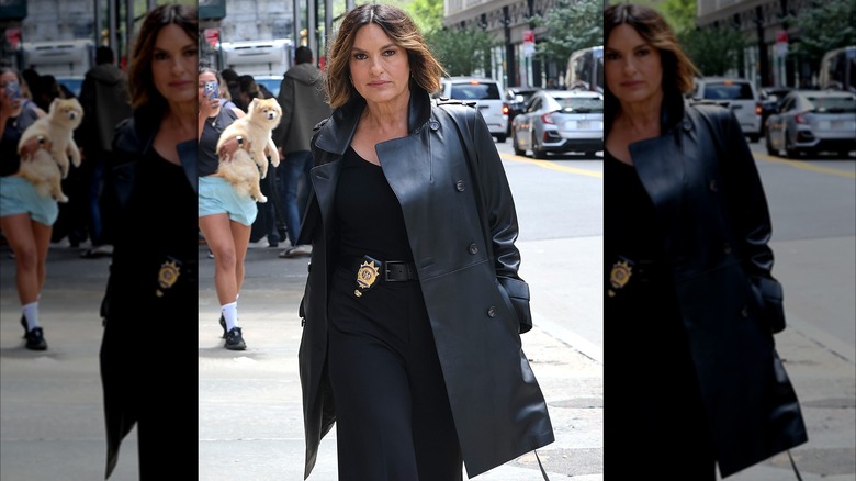 Mariska Hargitay in black uniform outside filming Law & Order