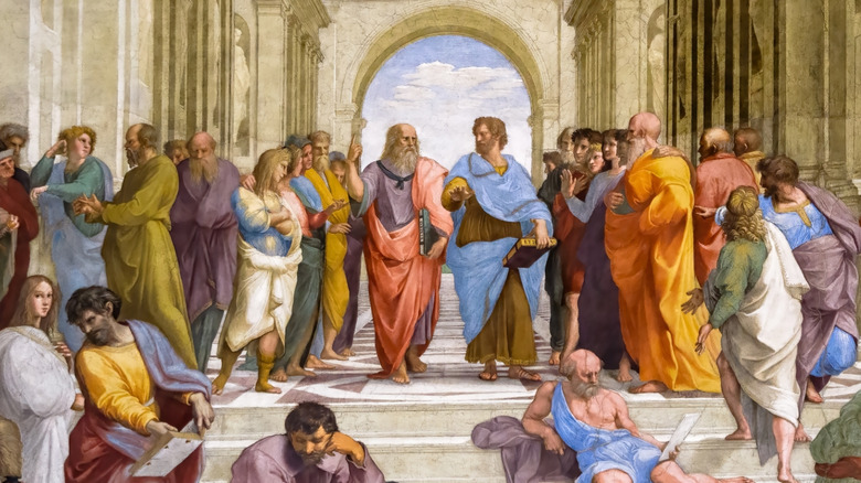 The painting of the school of Athens depicting Aristotle and Plato, by Raphael