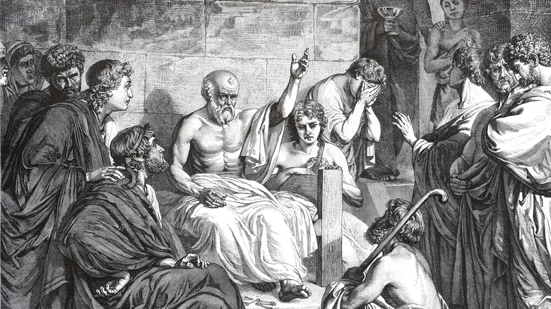 A painting of Socrates among his students and friends after the trial and before drinking hemlock