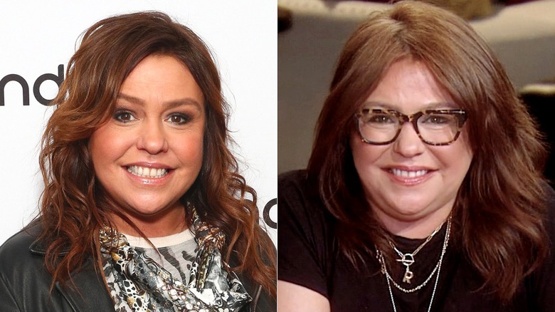 Split image of Rachael Ray smiling in a patterned scarf in 2020 & smiling wearing glasses in 2021