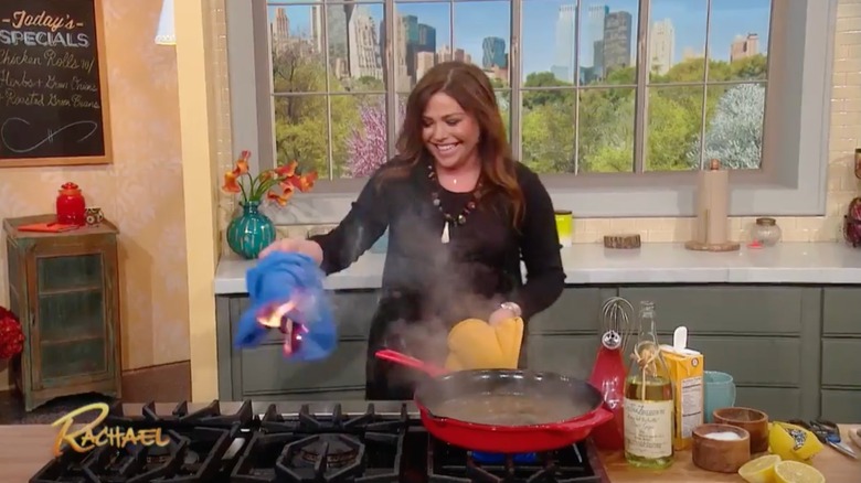 Rachael Ray sets fire to dish towel on a 2015 episode of the "Rachael Ray Show"