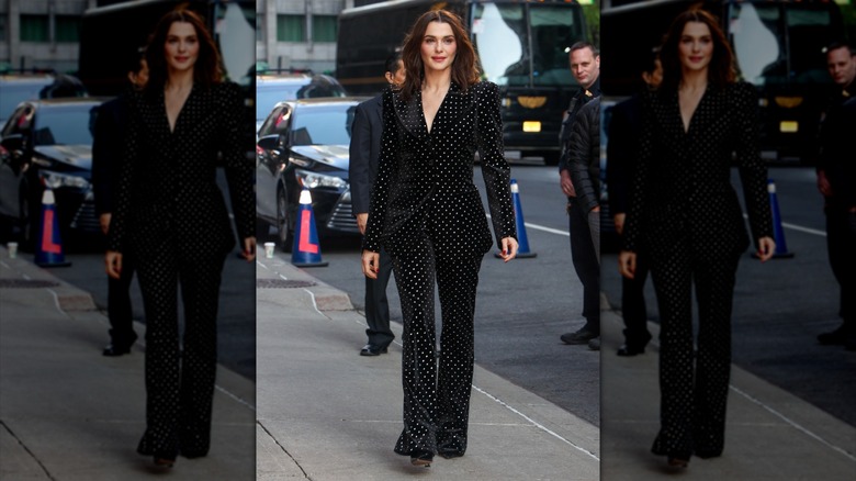 Rachel Weisz walking in a polka dot suit in New York City