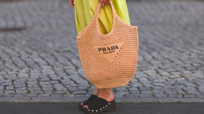 Close up of Prada tote bag