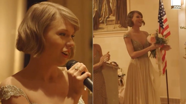 Two pictures of Taylor Swift as a bridesmaid