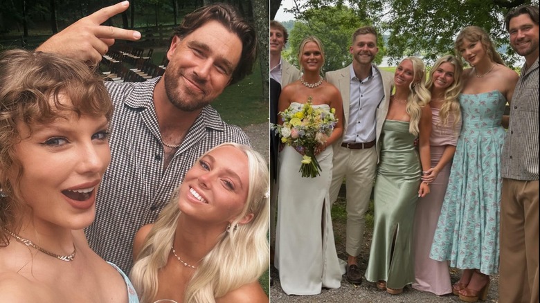 Taylor Swift, Ashton Corum, and Travis Kelce smile together at a wedding