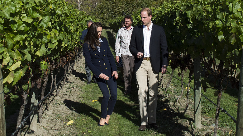Catherine, Duchess of Cambridge stumbles as she walks through the vineyard with Prince William, Duke of Cambridge visit the Amisfield Winery on April 13, 2014 in Queenstown, New Zealand.