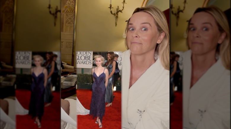 Reese Witherspoon smiling with an inset picture of her on the red carpet