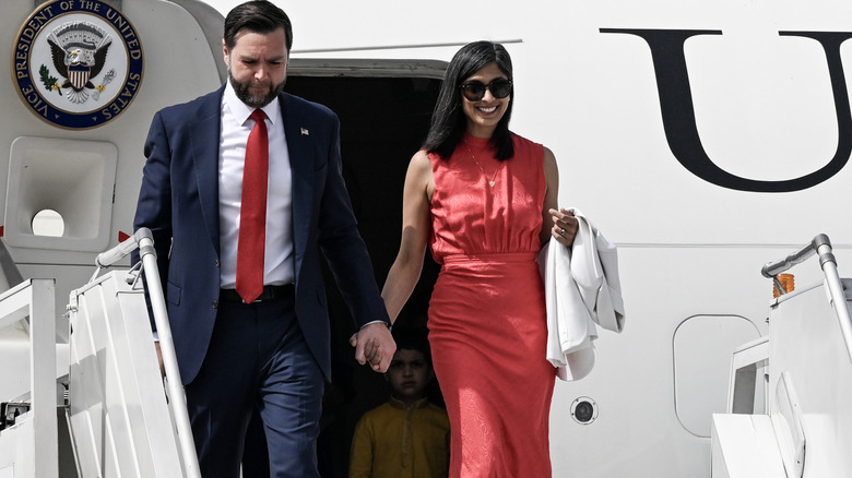 JD Vance and his wife Usha Vance arrive on April 21, 2025 in New Delhi, India.