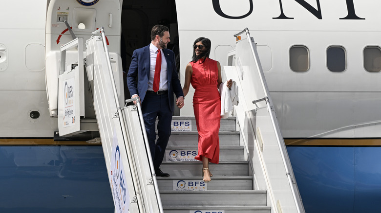 JD Vance and his wife Usha Vance arrive on April 21, 2025 in New Delhi, India.