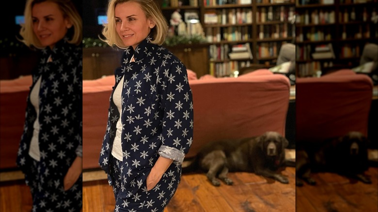 Sara Wyle wearing snowflake pajamas