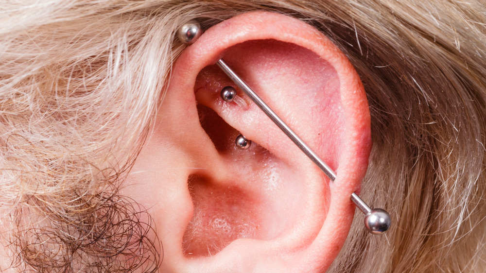 Close up of industrial piercings 