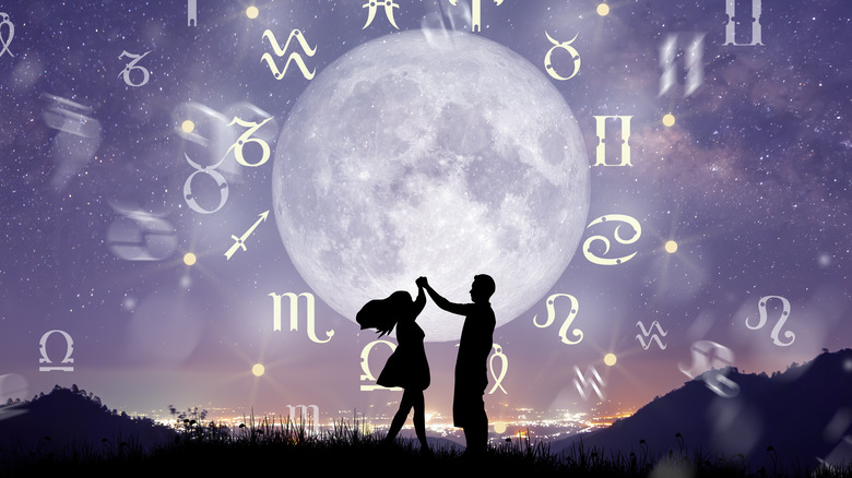 Zodiac signs, couple dancing under moon