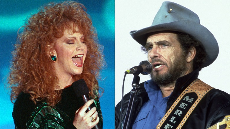 Split image of Reba McEntire and Merle Haggard performing