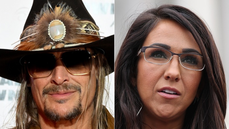 Kid Rock smiling in a black hat and some shades while Lauren Boebert is wearing a purple dress with glasses.