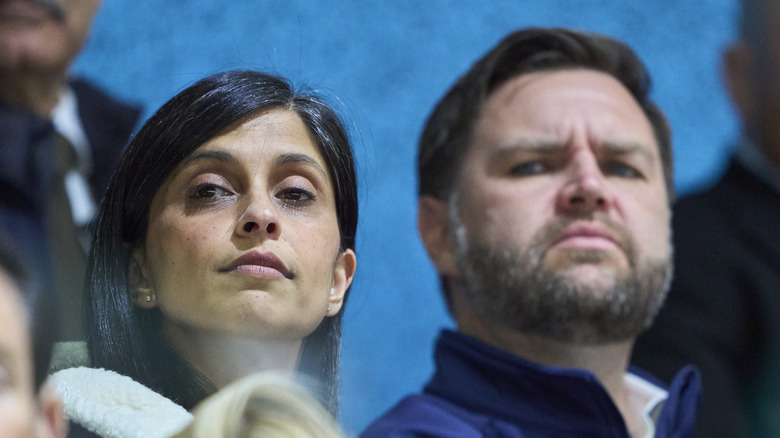 JD Vance and wife Usha Vance at the 2026 Winter Olympics at Milano Rho Ice Hockey Arena on February 5, 2026 in Milan, Italy.