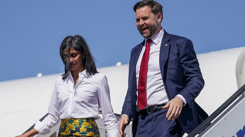 Vice President J.D. Vance, and Second Lady Usha Vance disembark Air Force Two on arrival to Ben Gurion airport on October 21, 2025 in Tel Aviv, Israel.
