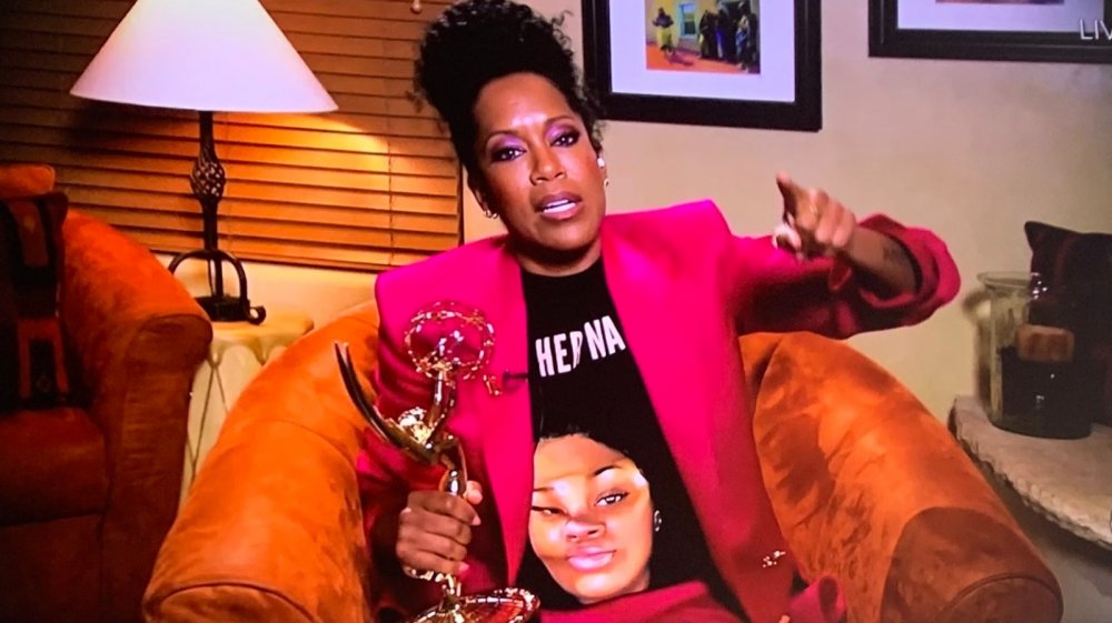 Regina King accepting her record-breaking Emmy at home