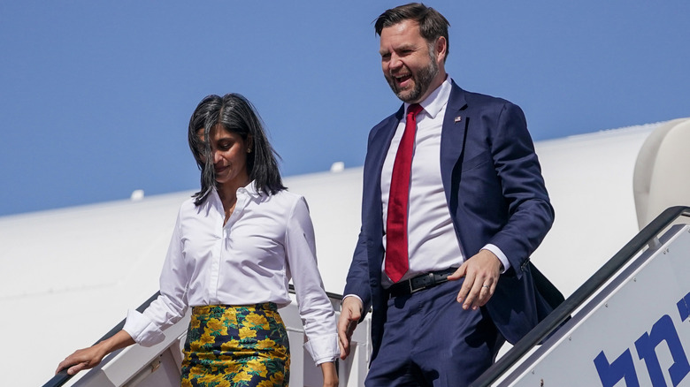 JD Vance and Usha Vance deplaning.