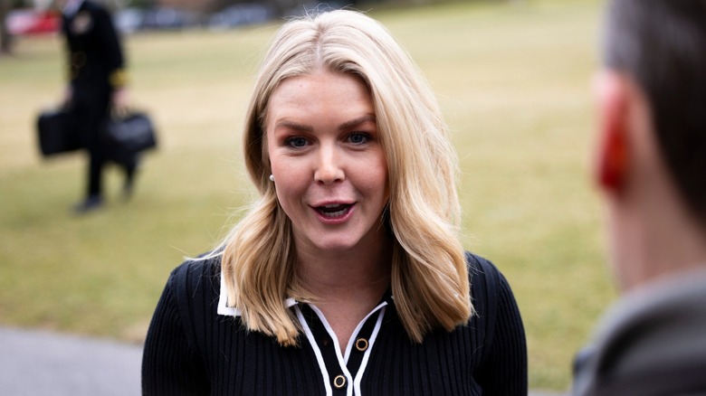Karoline Leavitt speaks to reporters after her visit to CPAC (2025)