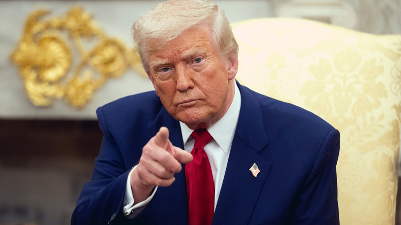 Donald Trump looking stern and pointing