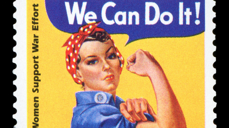 Rosie the Riveter showing her muscles saying We Can Do it!