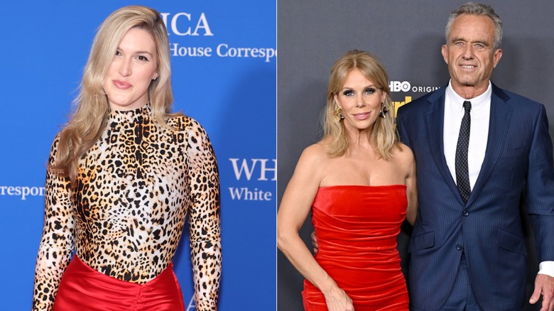 Olivia Nuzzi attends the 2023 White House Correspondents' Association Dinner at Washington Hilton on April 29, 2023 in Washington, DC (left),  Cheryl Hines and Robert F. Kennedy Jr. attend the Los Angeles Premiere of HBO's "Curb Your Enthusiasm" Season 12 at Directors Guild Of America on January 30, 2024 in Los Angeles (right).