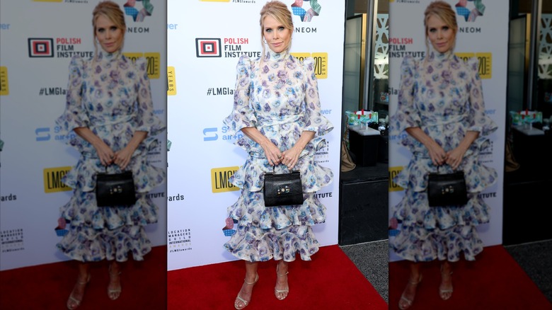 Cheryl Hines on a red carpet with a multi-ruffled dress in a busy floral pattern, and carrying a doctor's bag-looking purse