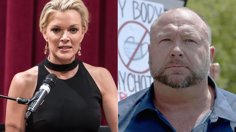 Split image: Megyn Kelly speaking into a mic (left), Alex Jones (on the right)