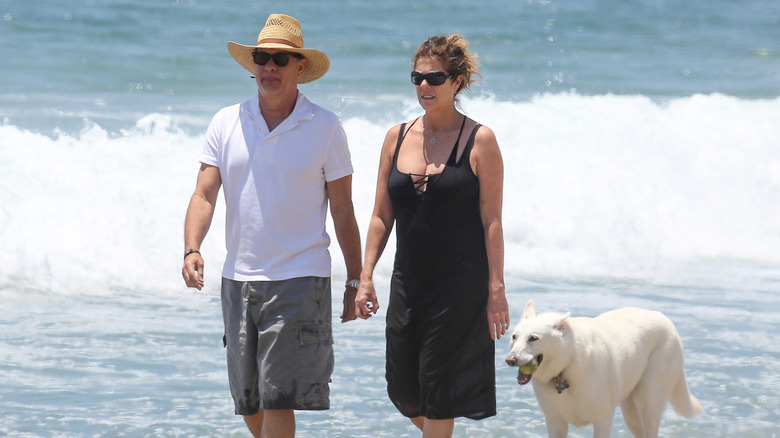 Rita Wilson and Tom Hanks holding hands and walking on the beach in July 2014