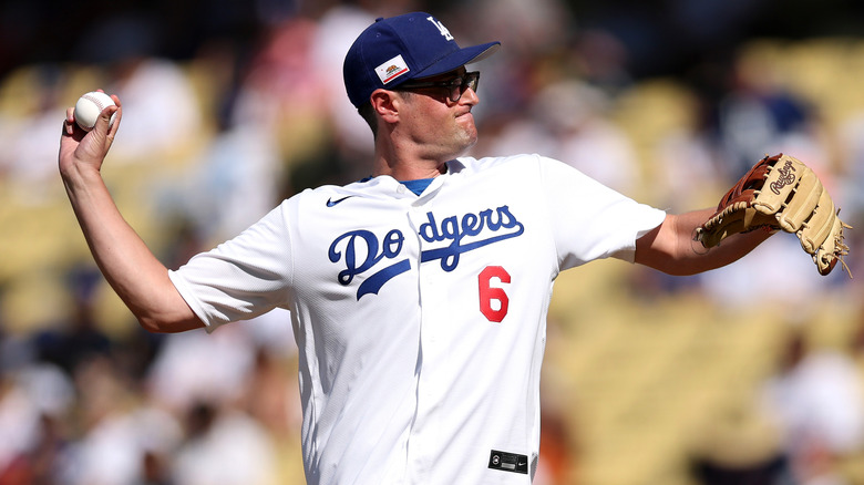 Jake Reiner throwing a baseball while wearing a Los Angeles Dodgers uniform