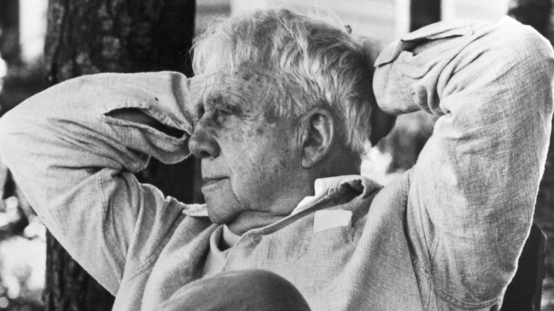 Robert Frost, (1874-1963). American poet. Informal head and shoulders portrait.