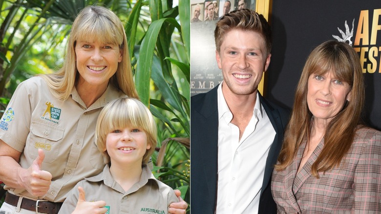 Side-by-side photos of Terri Irwin and Robert Irwin posing together