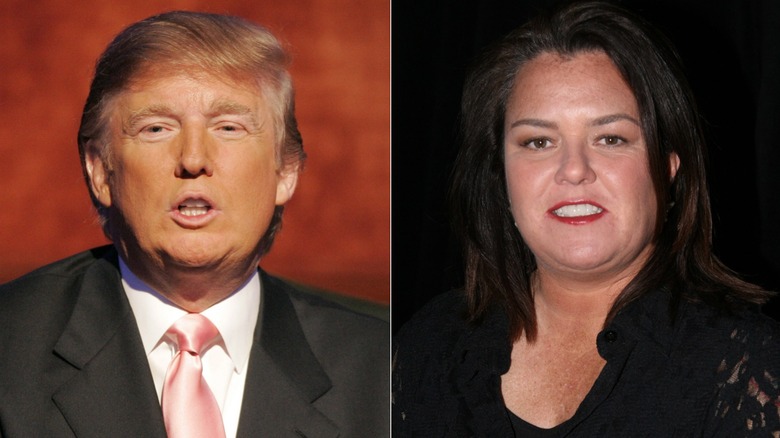 Split image of a closeup of Donald Trump and a closeup of Rosie O'Donnell in 2007
