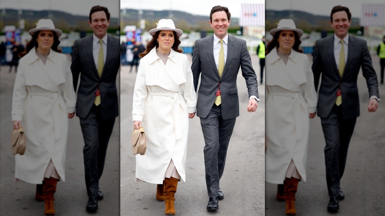 Princess Eugenie and Jack Brooksbank attend day 2 'Style Wednesday' of the Cheltenham Festival at Cheltenham Racecourse on March 13, 2024 in Cheltenham, England. This year organisers at the Cheltenham Festival have decided to re-style the traditional Ladies Day Meet calling it Style Wednesday. (Photo by Max Mumby/Indigo/Getty Images)
