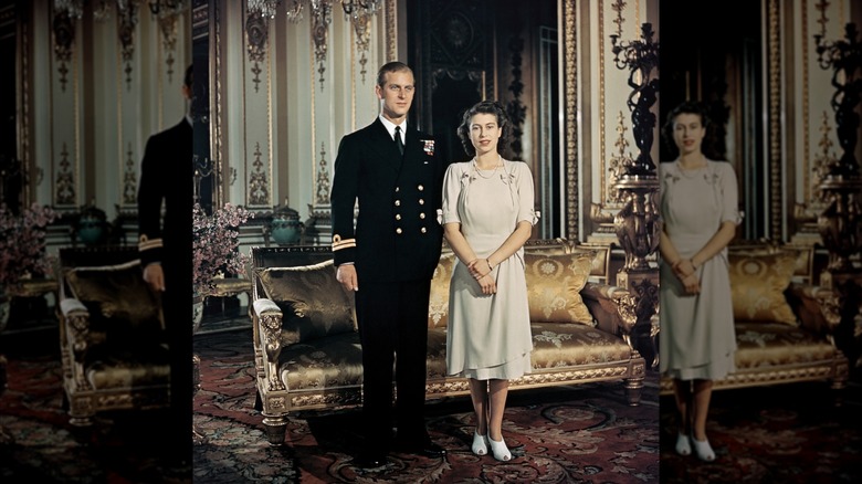 Princess Elizabeth stands with fiancé Lieutenant Philip Mountbatten, Prince of Greece and Denmark (1947)