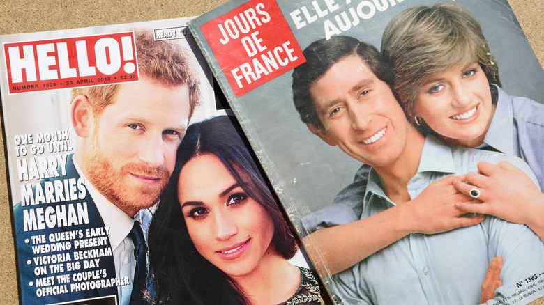Prince Harry and Meghan Markle and Prince Charles and Princess Diana on magazine covers