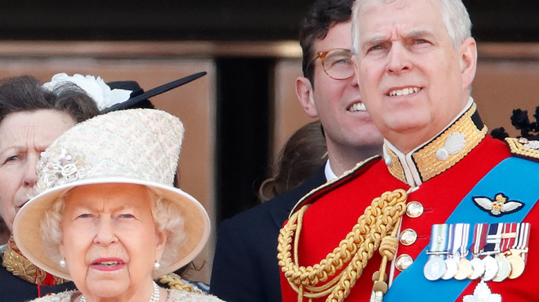 Queen Elizabeth and Prince Andrew smiling 