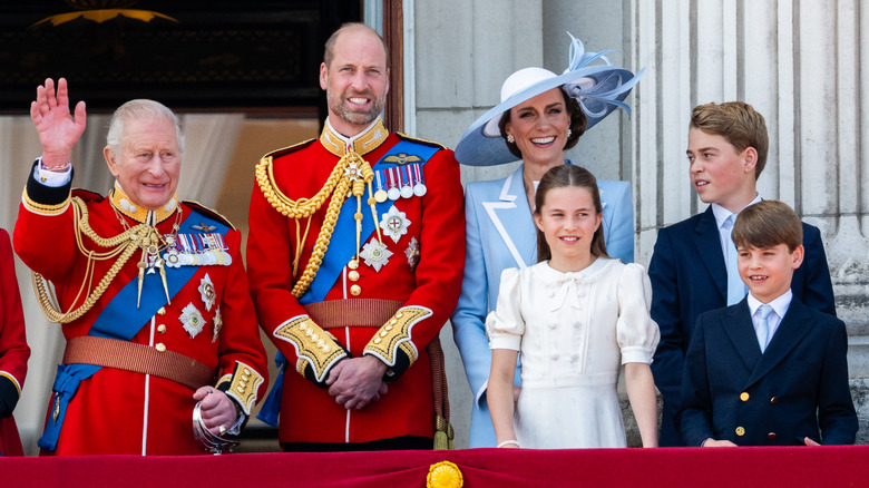 King Charles, Prince William and family posing on the Buckingham Palace balcony during Trooping the Colour 2026