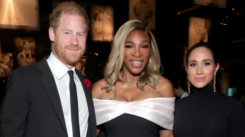 Prince Harry and Meghan Markle with Serena Williams at a 2025 Baby2Baby Gala