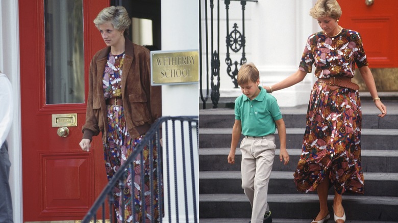 Princess Diana at Wetherby School in a brown jacket and brown dress