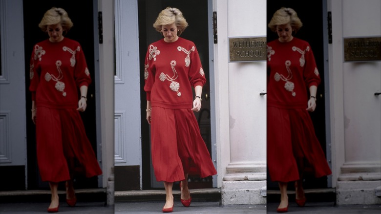 Princess Diana in all red in 1989 at Wetherby School