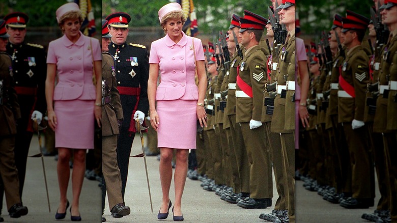 Princess Diana in a pink skirt suit at Howe Barracks