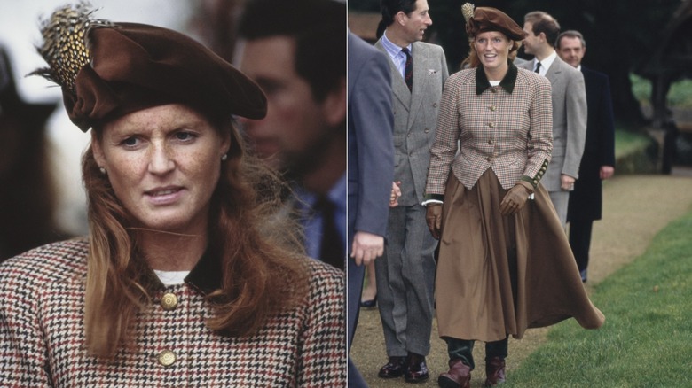 Sarah Ferguson in a brown skirt and brown hat at Christmas